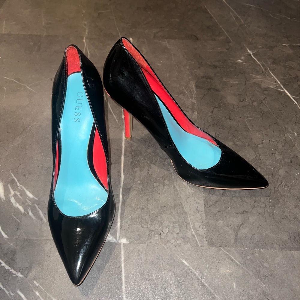 GUESS Black Patent Pointed-Toe Stiletto Red Bottom